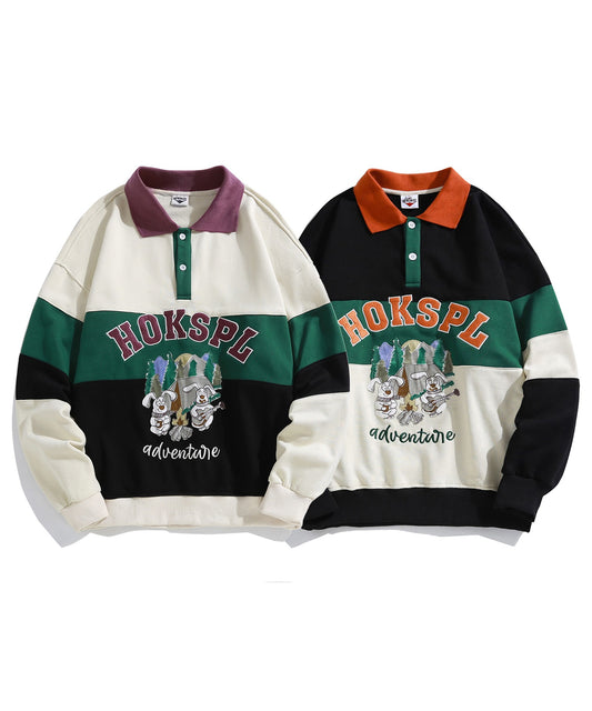 [HOOK -original-] American casual cartoon character embroidery sleeve color scheme switching polo sweatshirt