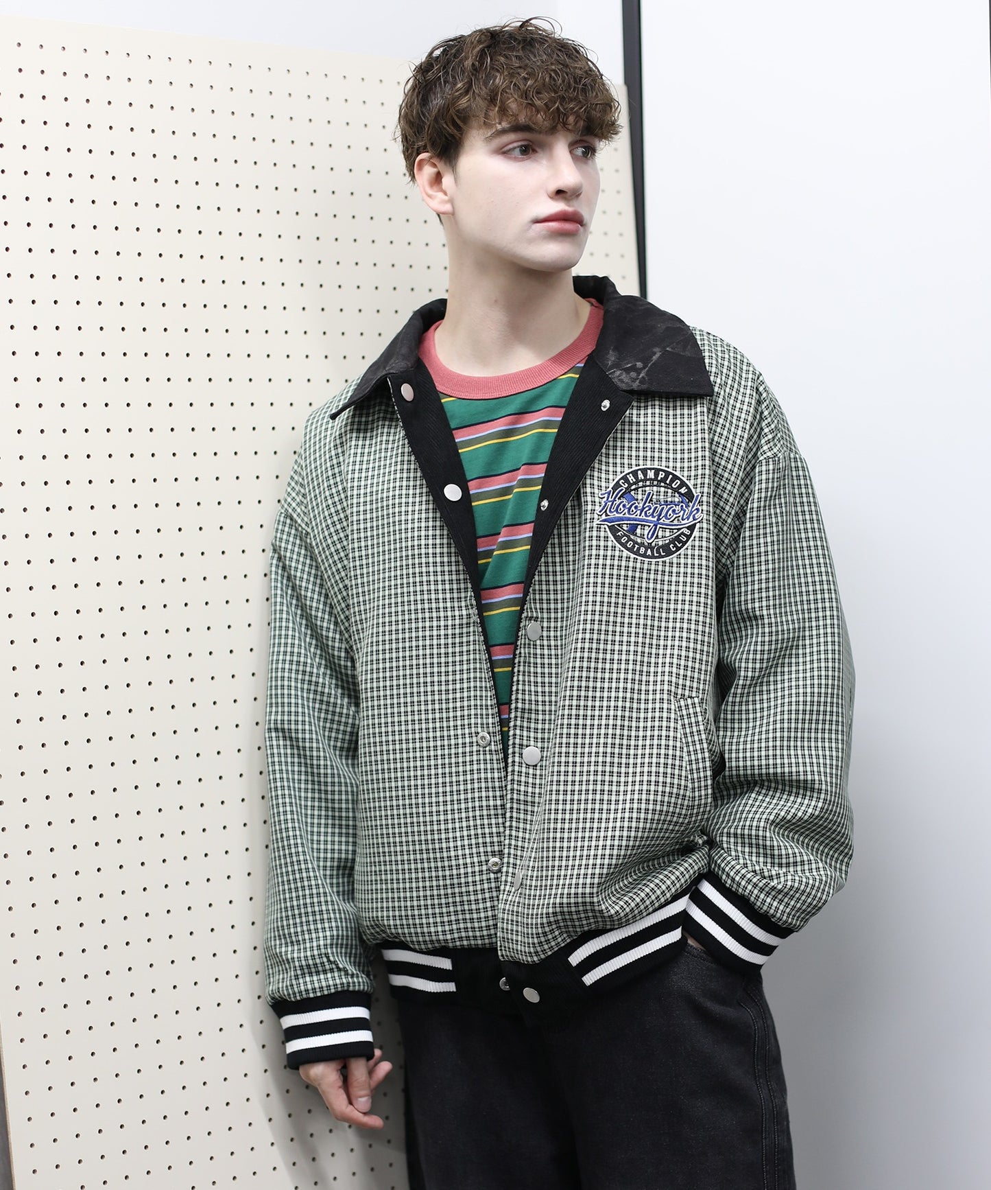 [HOOK -original-] American casual garage embroidery reversible corduroy check jacket