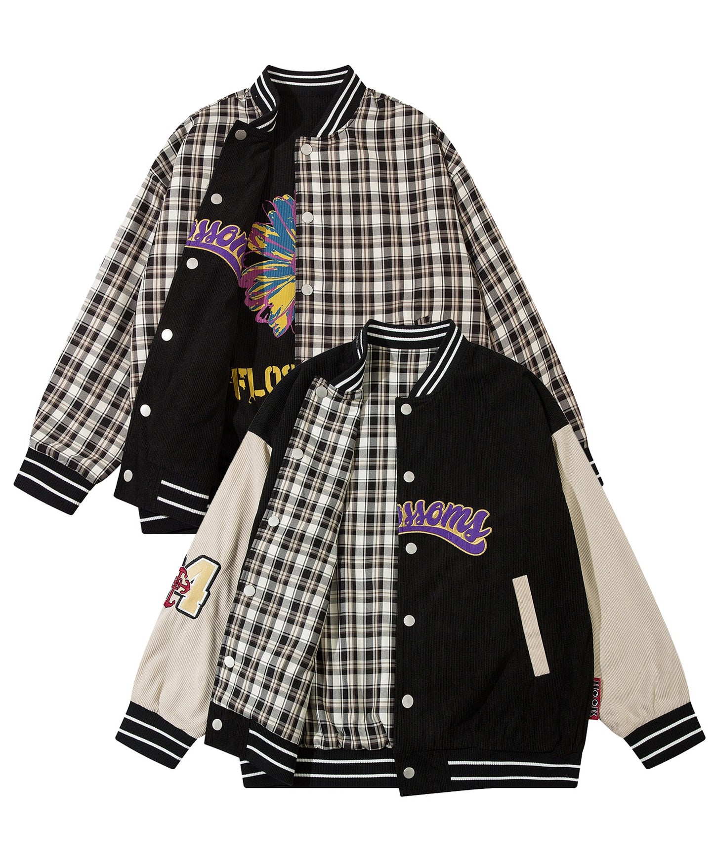 [HOOK -original-] Pop print reversible corduroy check patch embroidered stadium jacket