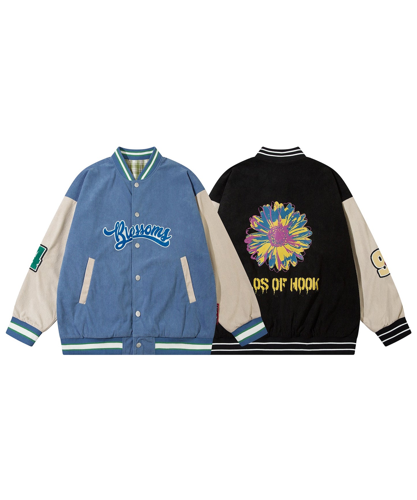 [HOOK -original-] Pop print reversible corduroy check patch embroidered stadium jacket