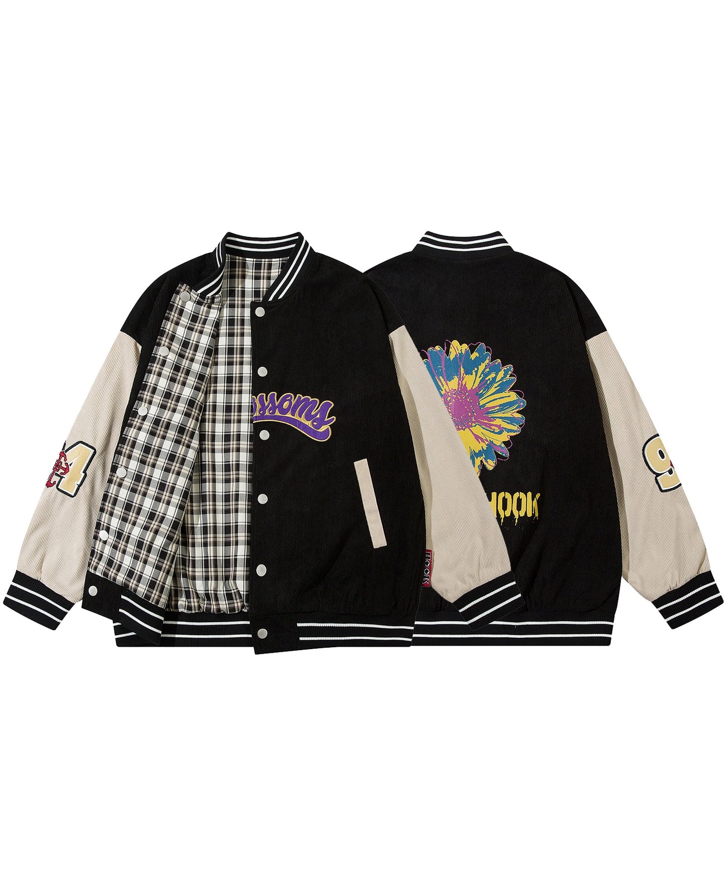 [HOOK -original-] Pop print reversible corduroy check patch embroidered stadium jacket