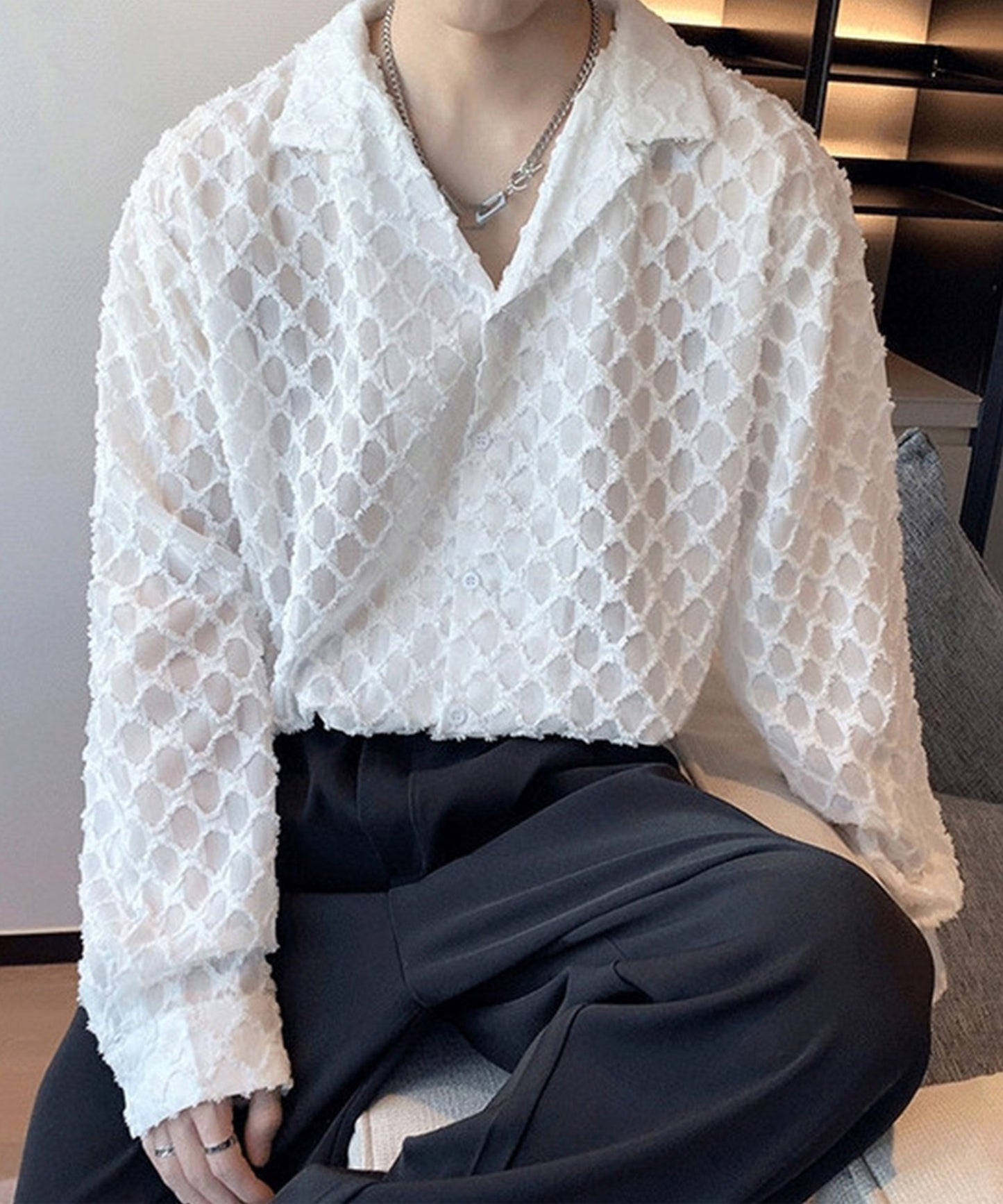 [aimoha Men's] All-over patterned see-through shirt