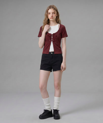 HOOK for girls キャミソールレイヤード風クロップド編み上げ半袖トップス