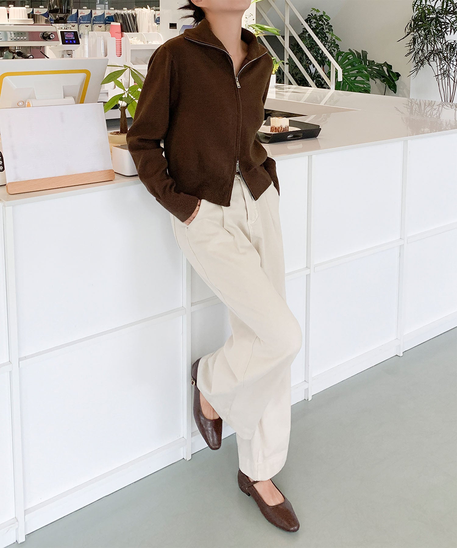 aimoha/ダブルジップ 無地ニットパーカー