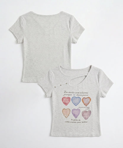 HOOK for girls 胸元デザイン × ハートスタッズプリント　クロップド 半袖 Tシャツ