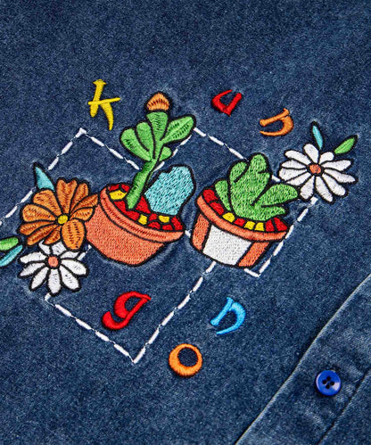 HOOK フラワーポット刺繍 × カラーボタン デニムシャツ ビッグシルエット