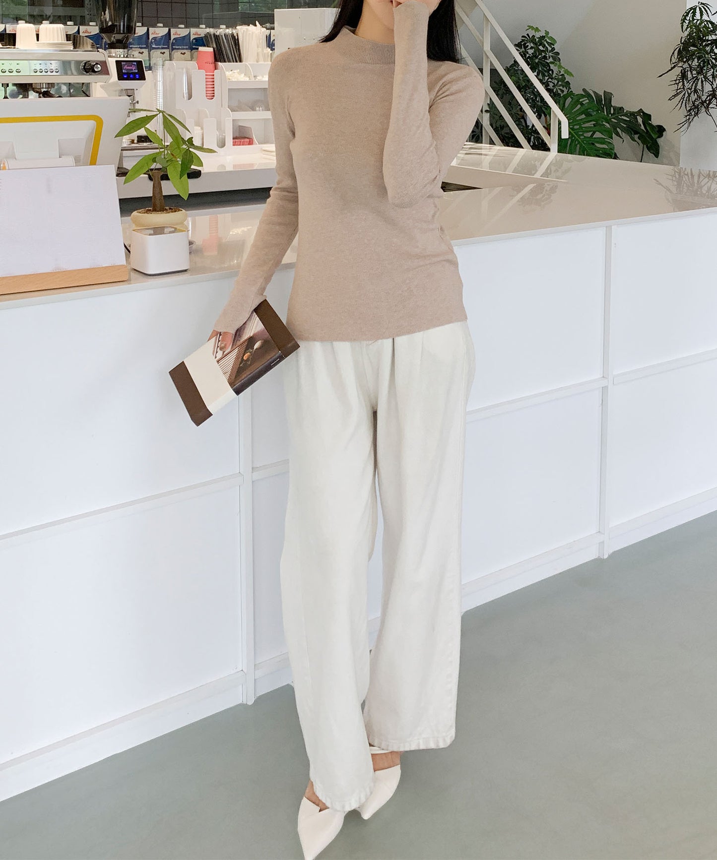 aimoha/無地モックネックニットソートップス