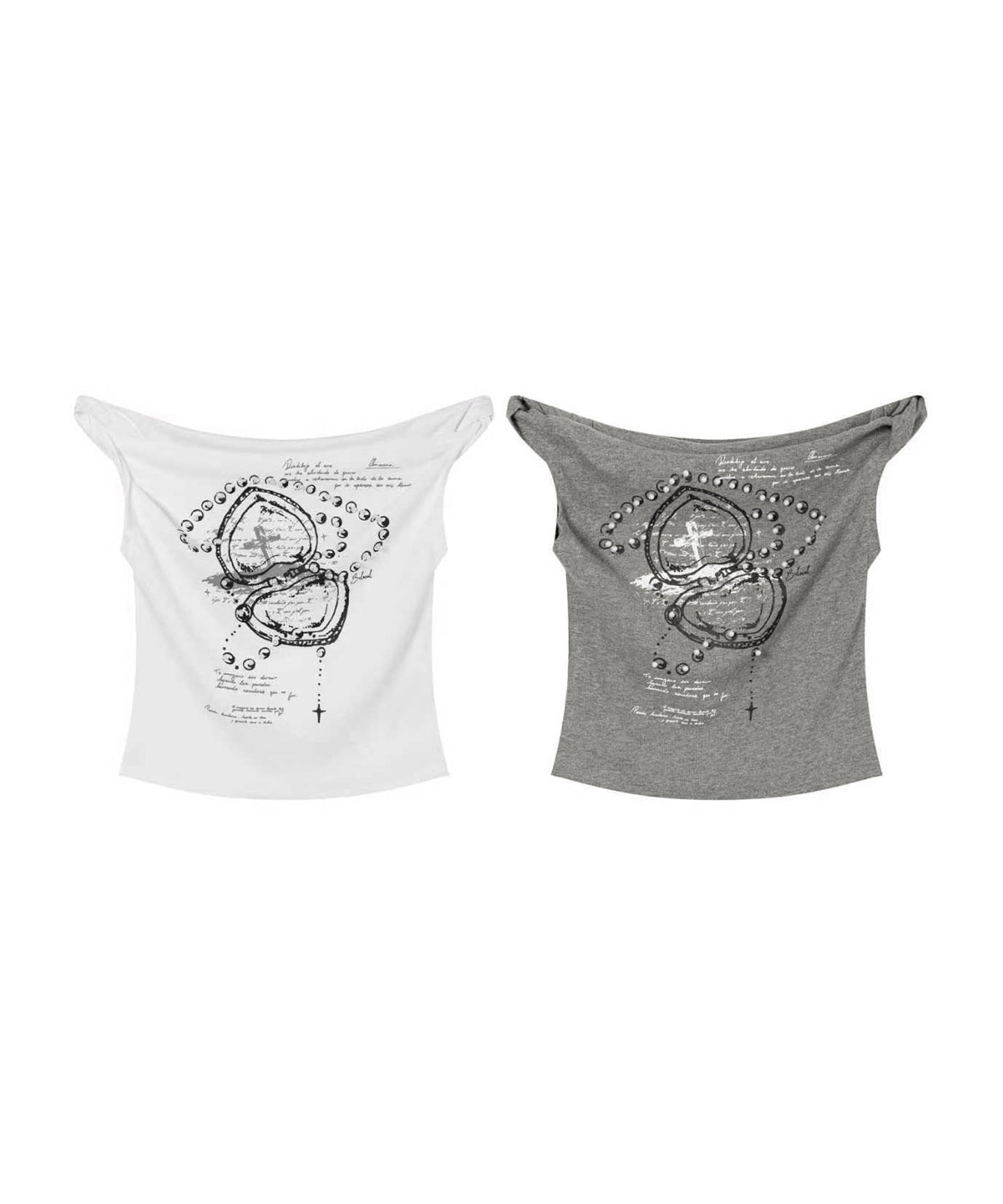 HOOK for girls クロス柄グラフィック オフショルダークロップドTシャツ