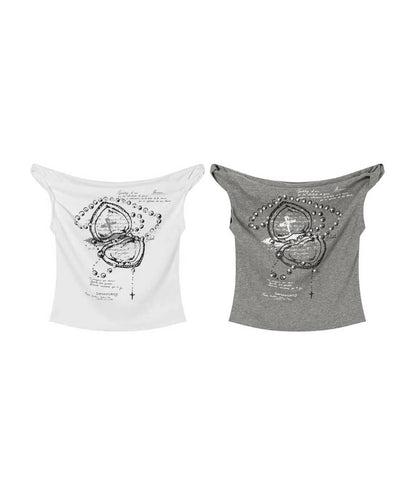 HOOK for girls クロス柄グラフィック オフショルダークロップドTシャツ