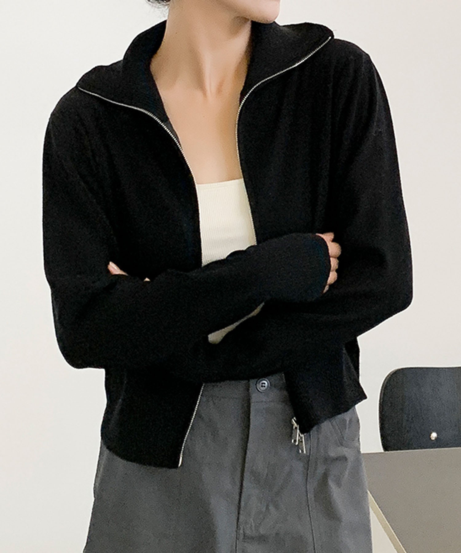 aimoha/ダブルジップ 無地ニットパーカー