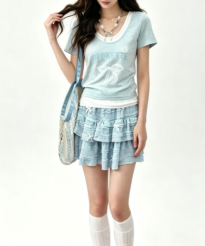 HOOK for girls　リボンロゴプリント レイヤード風UネックTシャツ