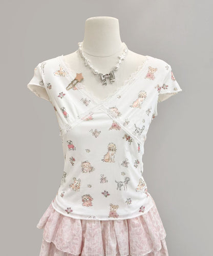 HOOK for girls　透かし編みレース切り替え半袖ニットTシャツ