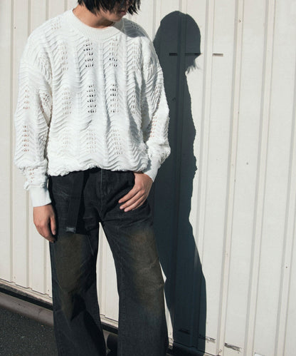 【aimoha Men's】CREW NECK POINTELLE KNIT ポワントール編みニット