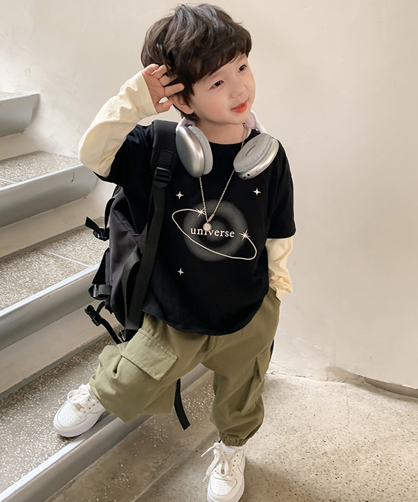 【aimoha-KIDS-】韓国子供服 重ね着風ロングT