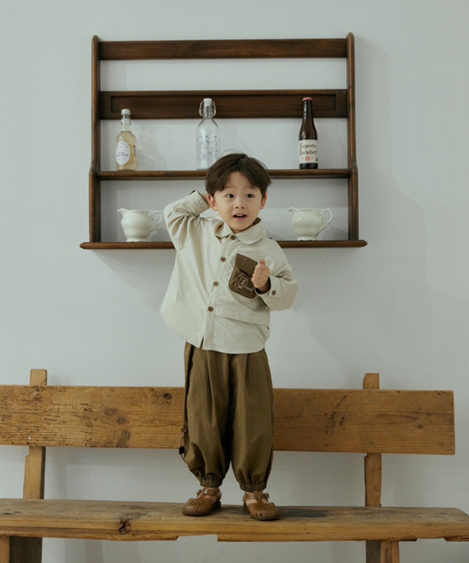 【aimoha-KIDS-】子供服 胸ポケット付きシャツ＋パンツ上下セットアップ