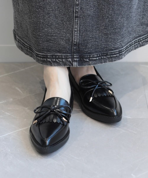【shoes365】ポインテッド トゥ厚底キルトローファー
