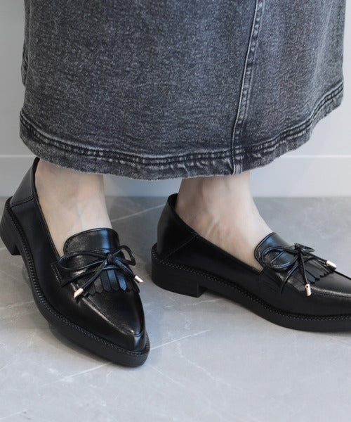 【shoes365】ポインテッド トゥ厚底キルトローファー