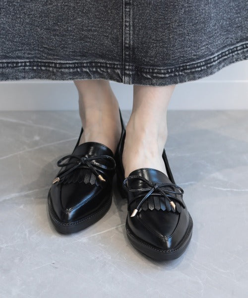 【shoes365】ポインテッド トゥ厚底キルトローファー