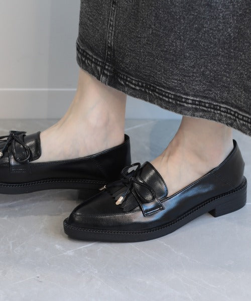 【shoes365】ポインテッド トゥ厚底キルトローファー