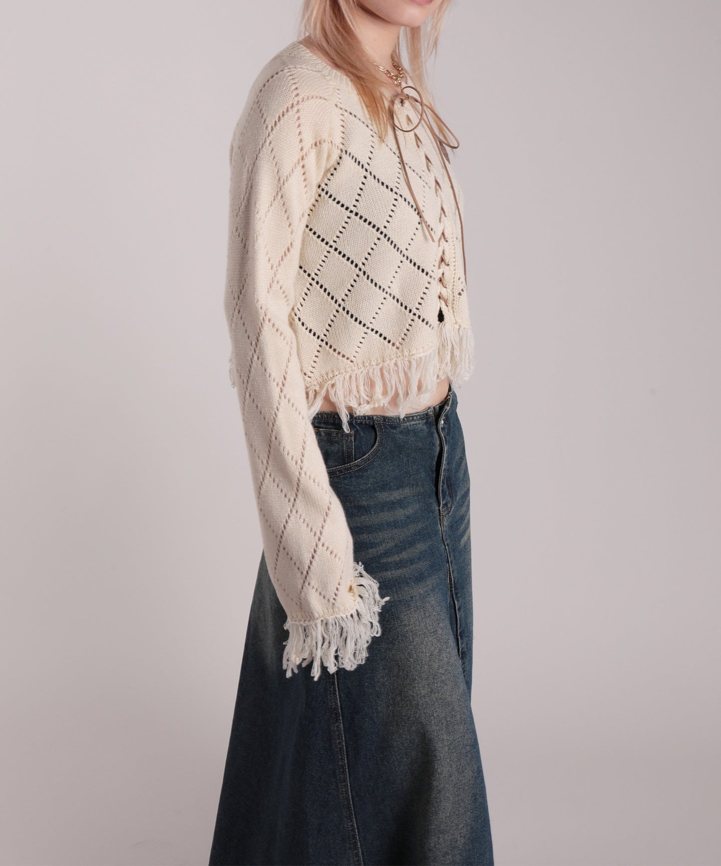 【HOOK】for girls　裾フリンジ透かし編み編み上げカーディガン