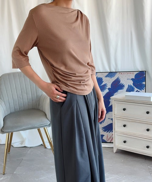 【Aimoha】シャーリング七分袖シャツ