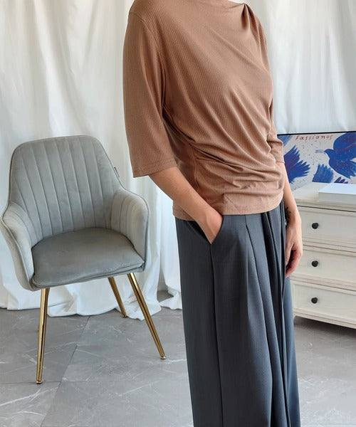 【Aimoha】シャーリング七分袖シャツ