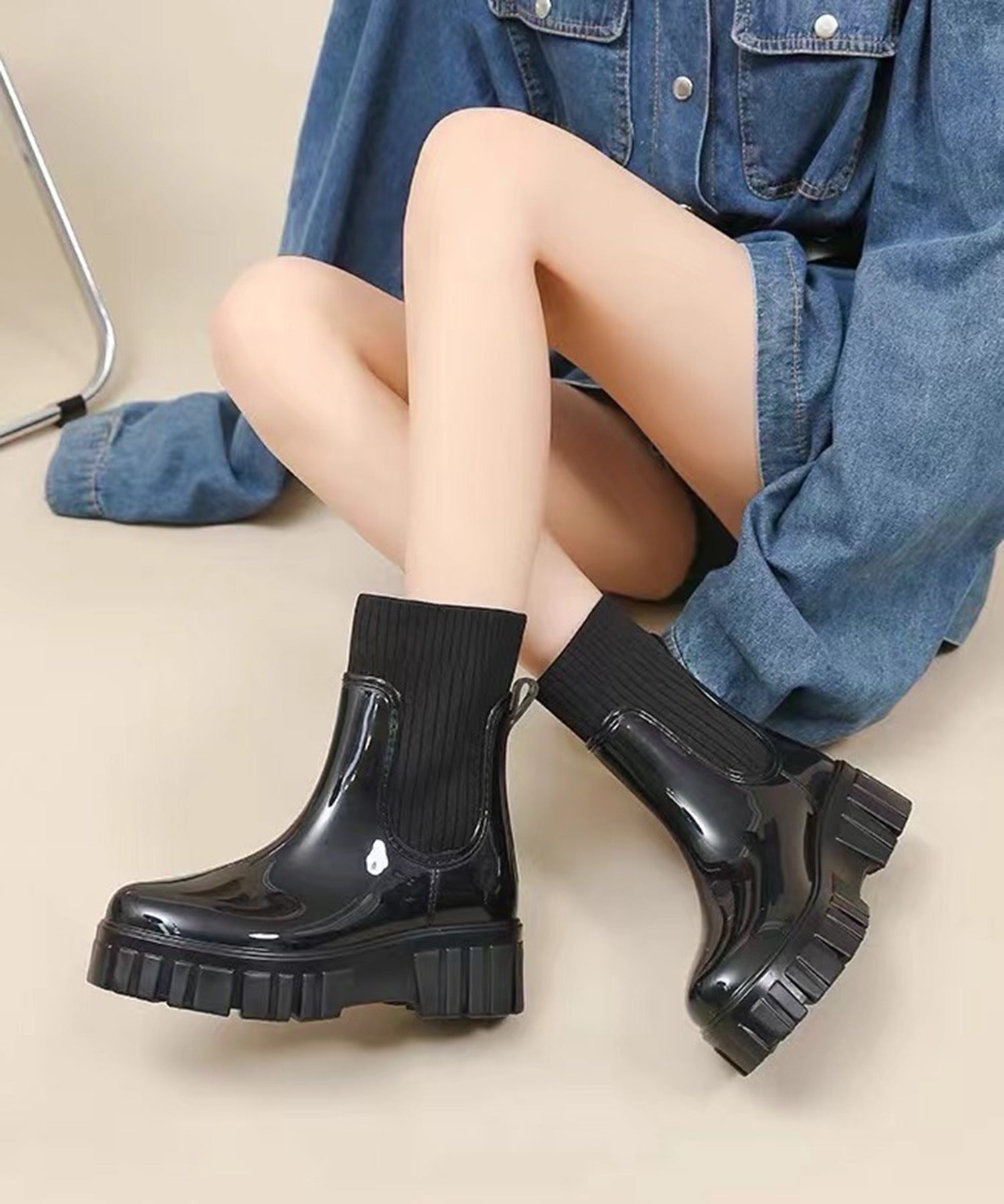 厚底ショートレインブーツ