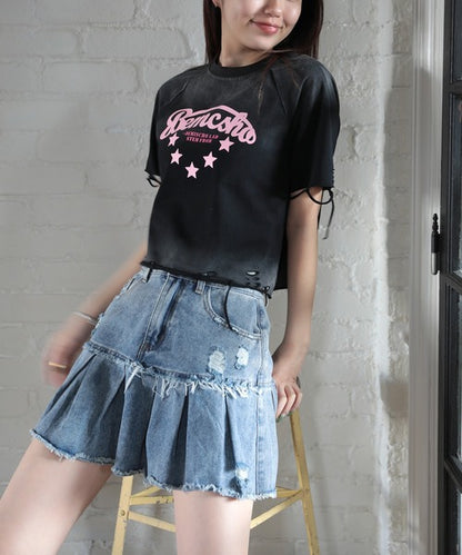 【HOOK】for girls　アメカジ裾デザインカットワークプリントウォッシュTEE