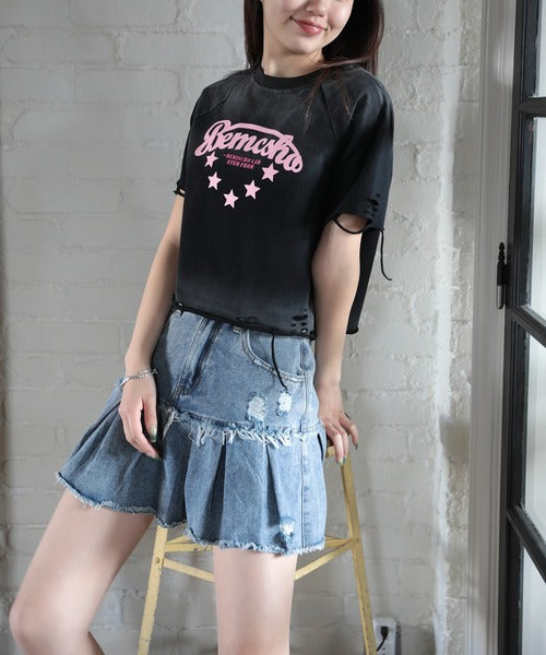 【HOOK】for girls　アメカジ裾デザインカットワークプリントウォッシュTEE