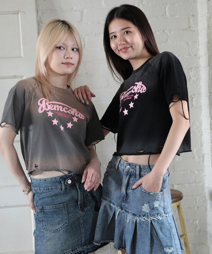 【HOOK】for girls　アメカジ裾デザインカットワークプリントウォッシュTEE