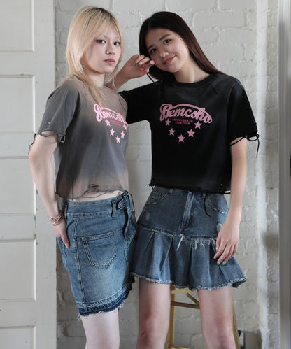 【HOOK】for girls　アメカジ裾デザインカットワークプリントウォッシュTEE