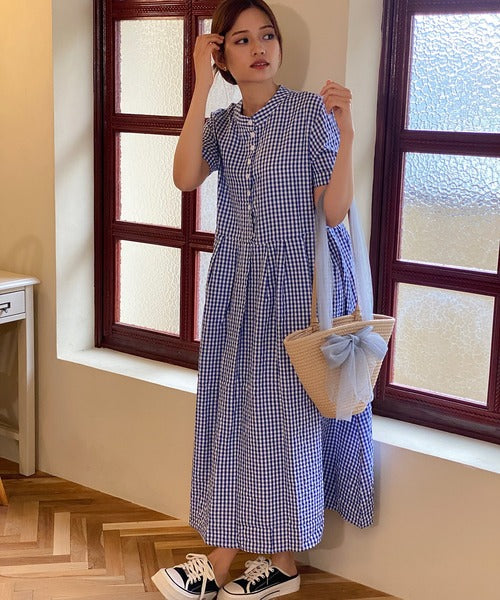 チェック柄ボリュームスリーブワンピース