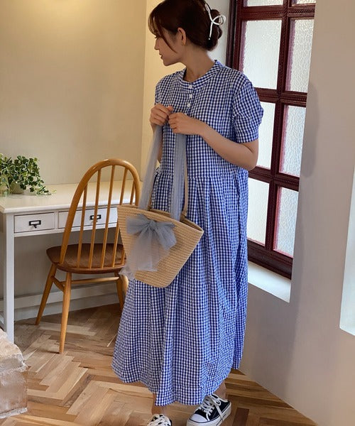 チェック柄ボリュームスリーブワンピース