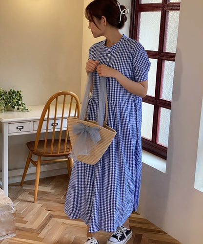 チェック柄ボリュームスリーブワンピース