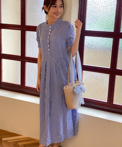 チェック柄ボリュームスリーブワンピース