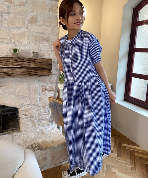 チェック柄ボリュームスリーブワンピース