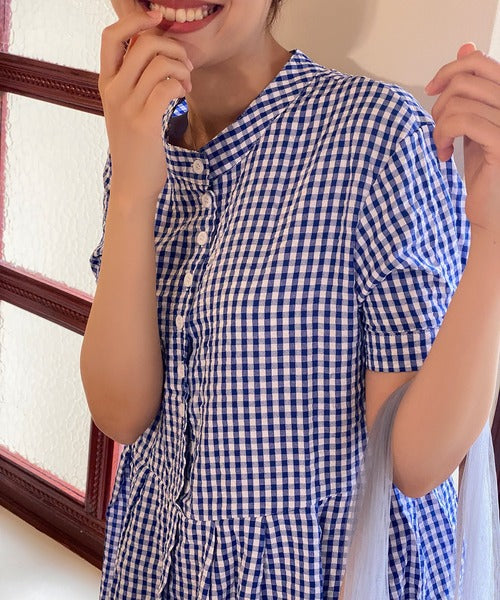 チェック柄ボリュームスリーブワンピース