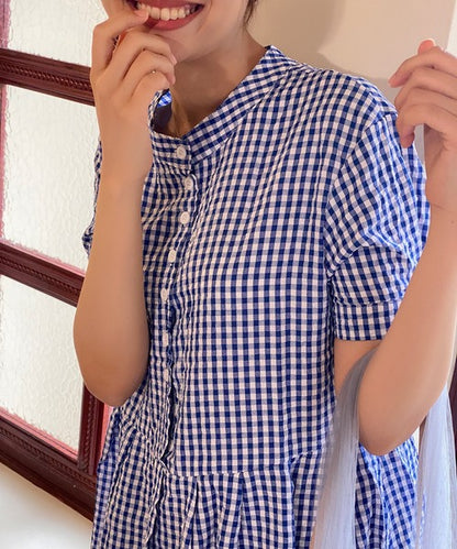 チェック柄ボリュームスリーブワンピース