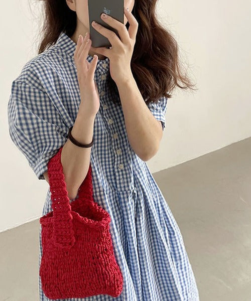 チェック柄ボリュームスリーブワンピース