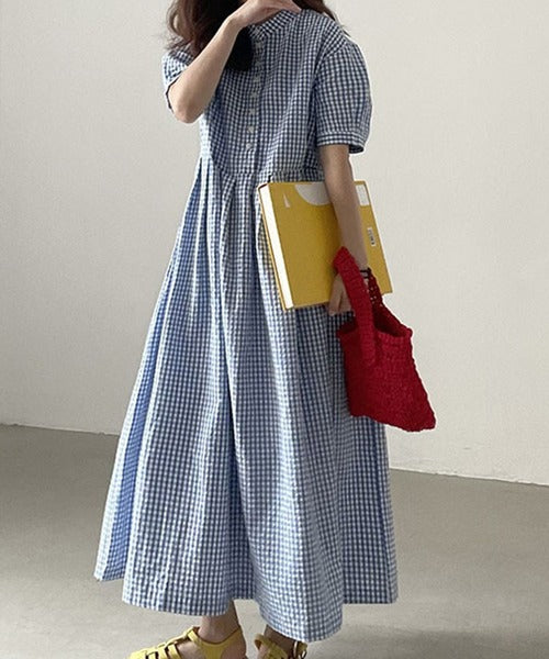 チェック柄ボリュームスリーブワンピース