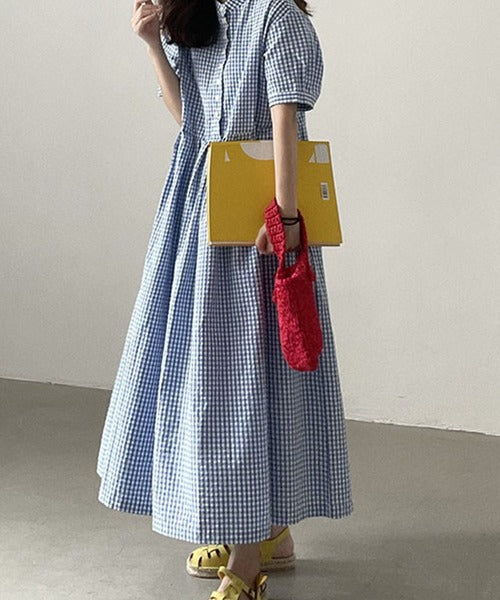 チェック柄ボリュームスリーブワンピース