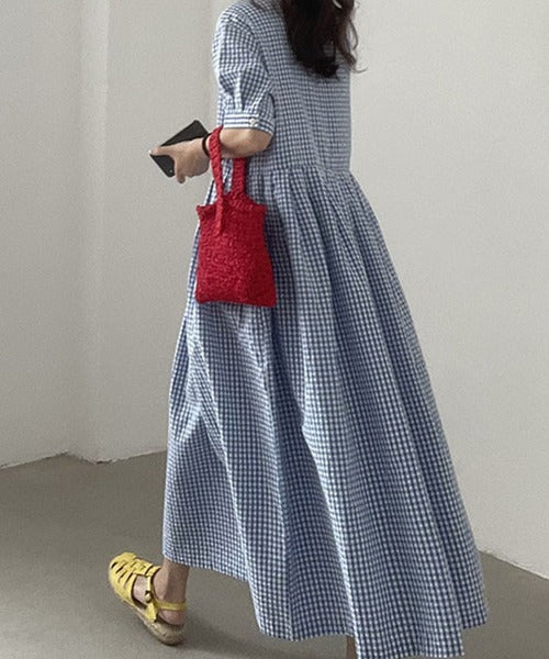 チェック柄ボリュームスリーブワンピース