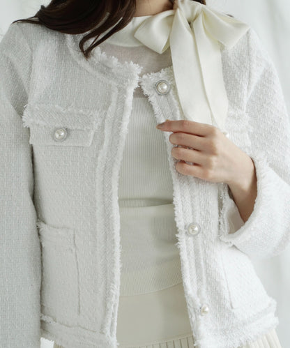 【Jasmine】フリンジノーカラーツイードジャケット