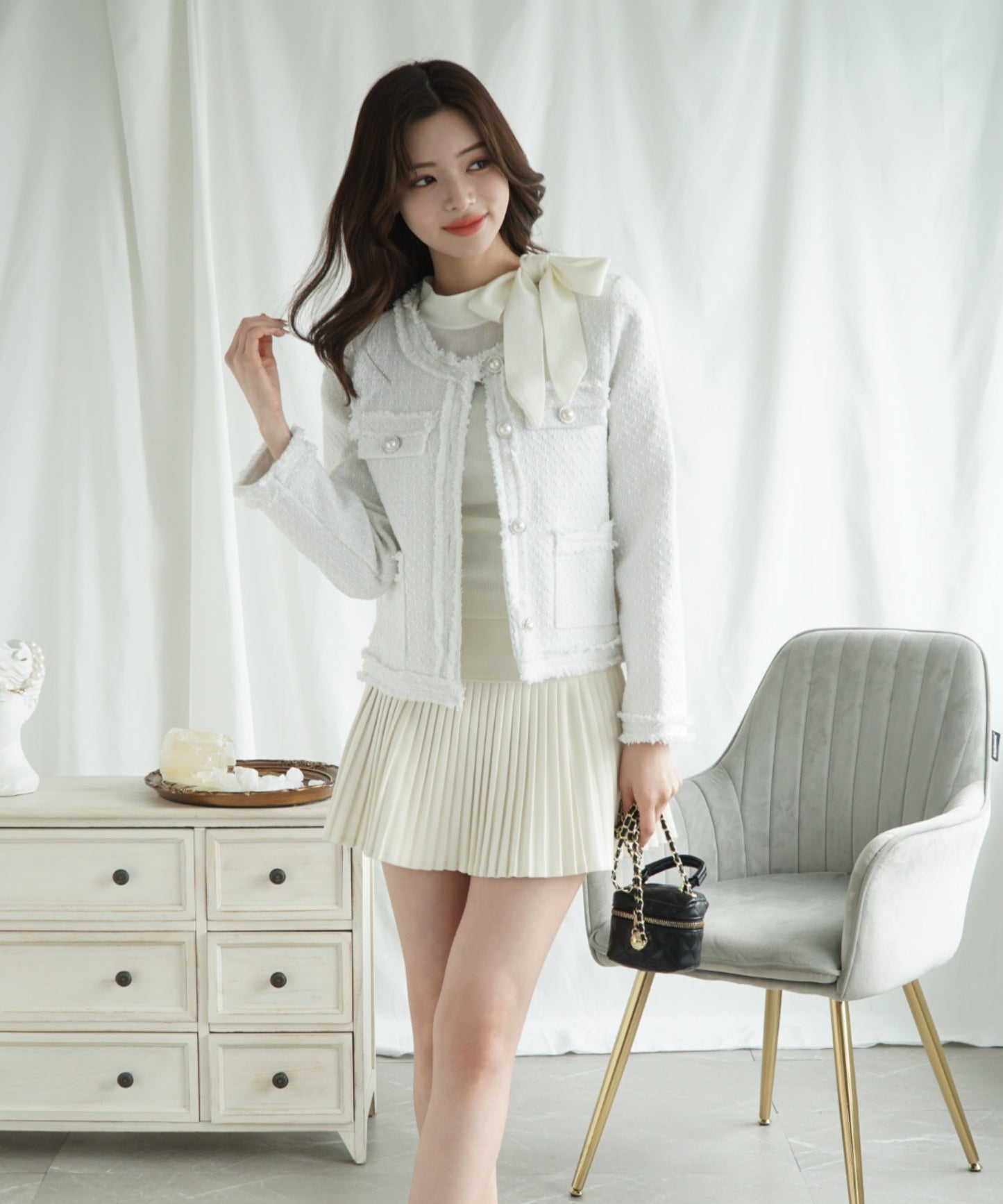 【Jasmine】フリンジノーカラーツイードジャケット