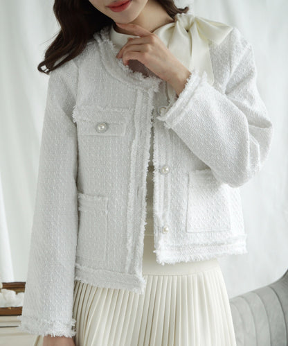 【Jasmine】フリンジノーカラーツイードジャケット