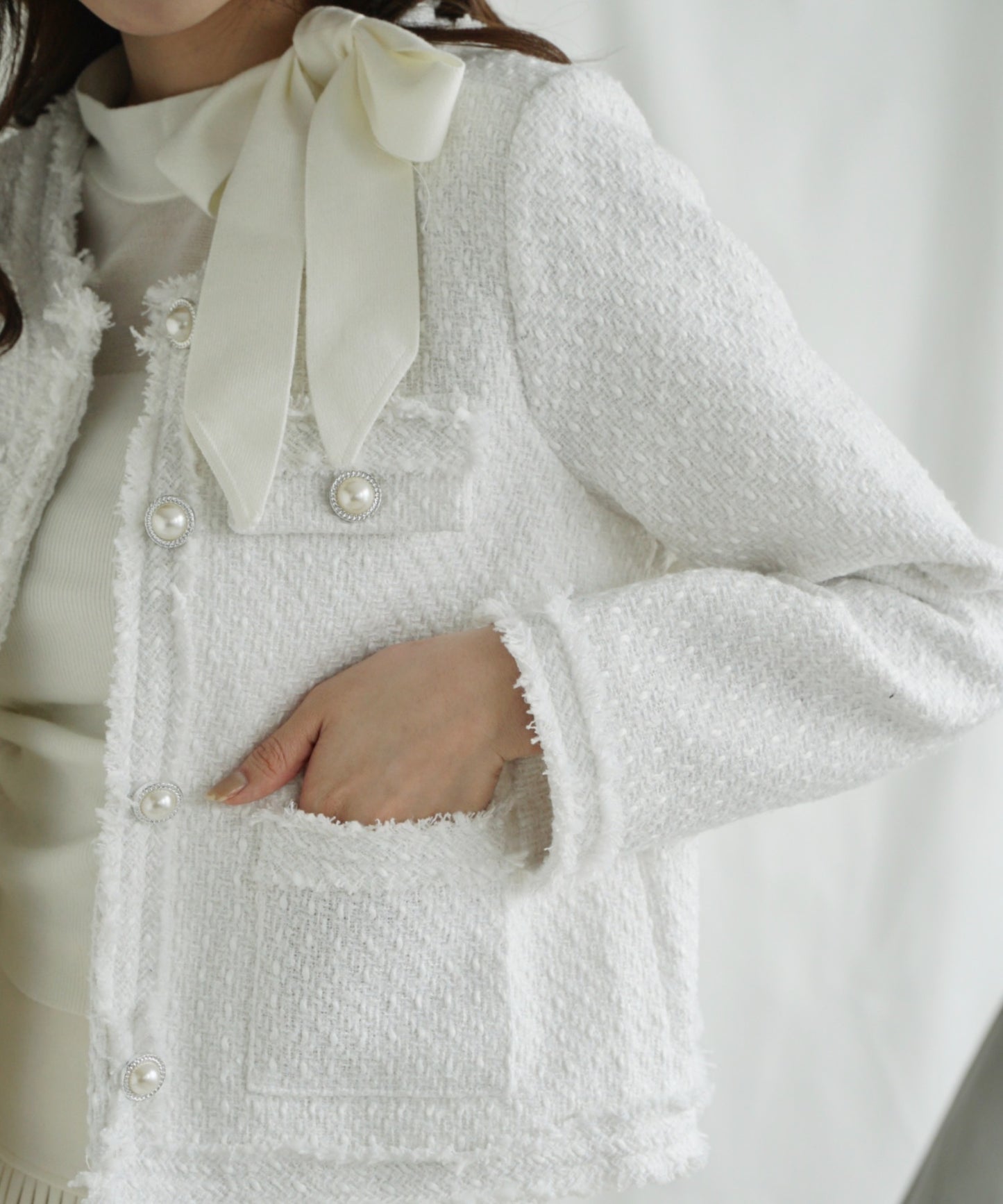 【Jasmine】フリンジノーカラーツイードジャケット