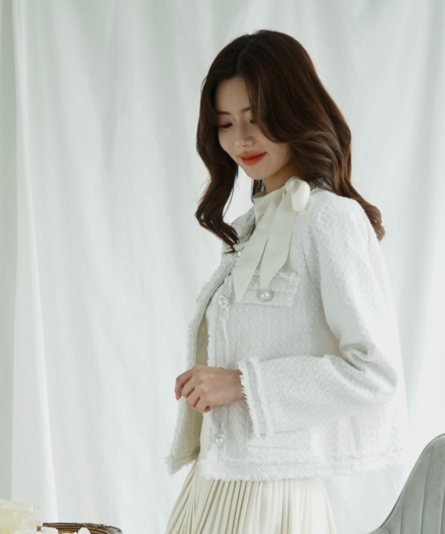 【Jasmine】フリンジノーカラーツイードジャケット