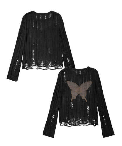 【HOOK】for girls　Butterfly Patch Embroidered Distressed Sheer Top