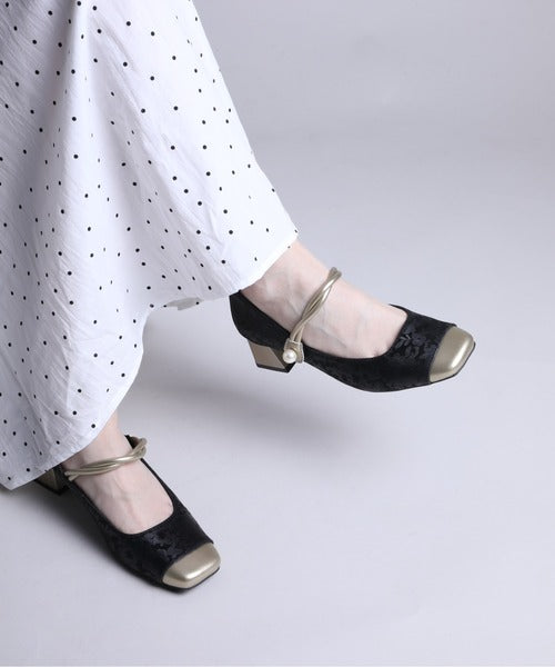 【shoes365】刺繍模様　切り替えつま先デザインパンプス