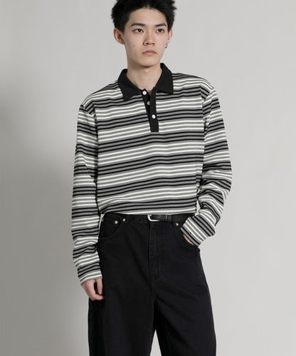 【aimoha neo】Retro Stripe Long Sleeve Polo